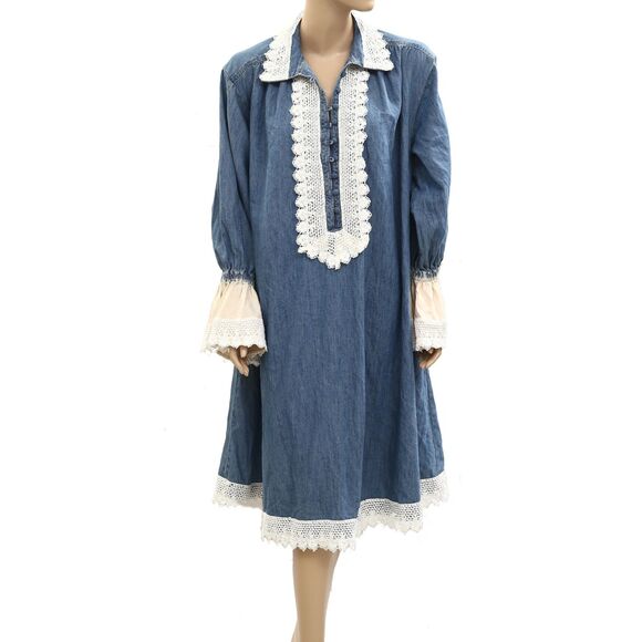 Free People Dresses & Skirts - Free People Denim Crochet Lace Midi Dress Long Bell Sleeve Blue XL New 284086